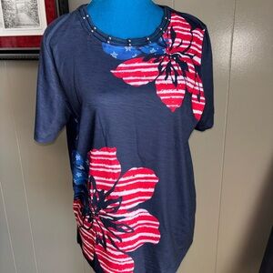 Alfred Dunner navy Blue and red   Graphic Tee Short Sleeve